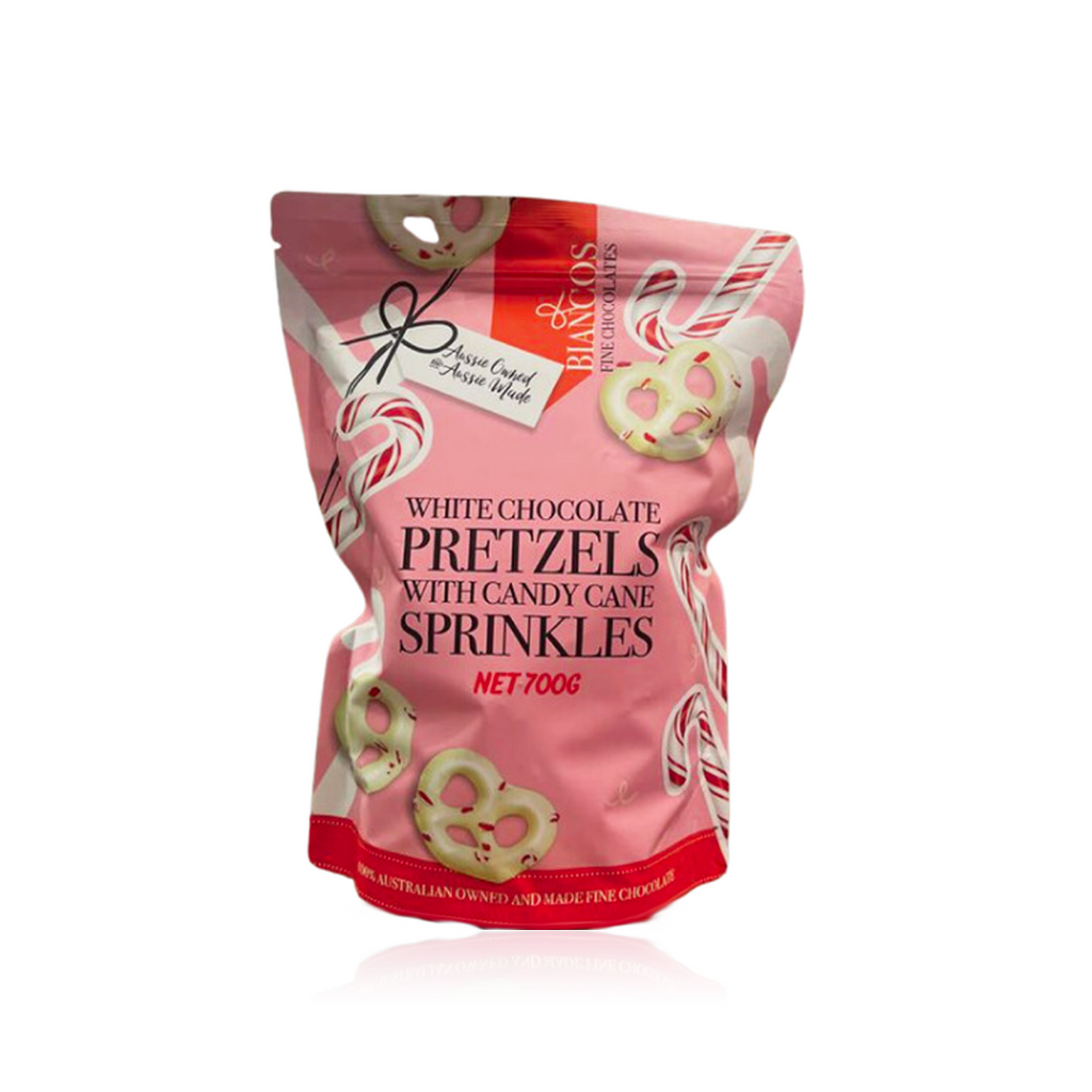 Biancos White Chocolate Pretzels with Candy Cane Sprinkles 700g