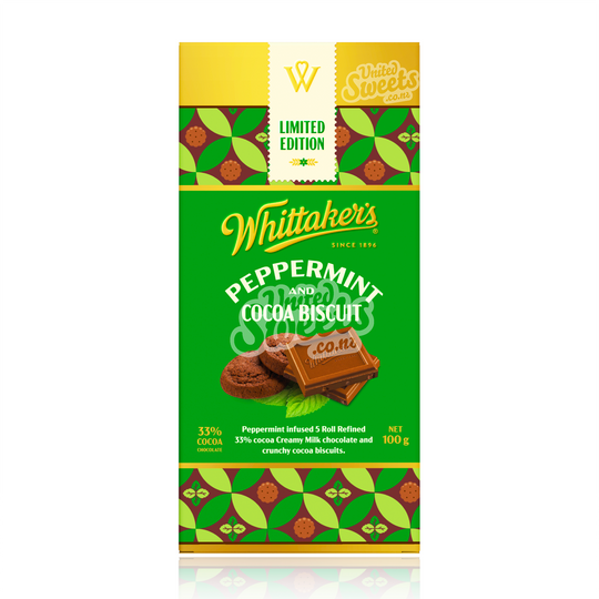 Whittaker’s Peppermint and Cocoa Biscuit Milk Chocolate 100g (Limited Edition)