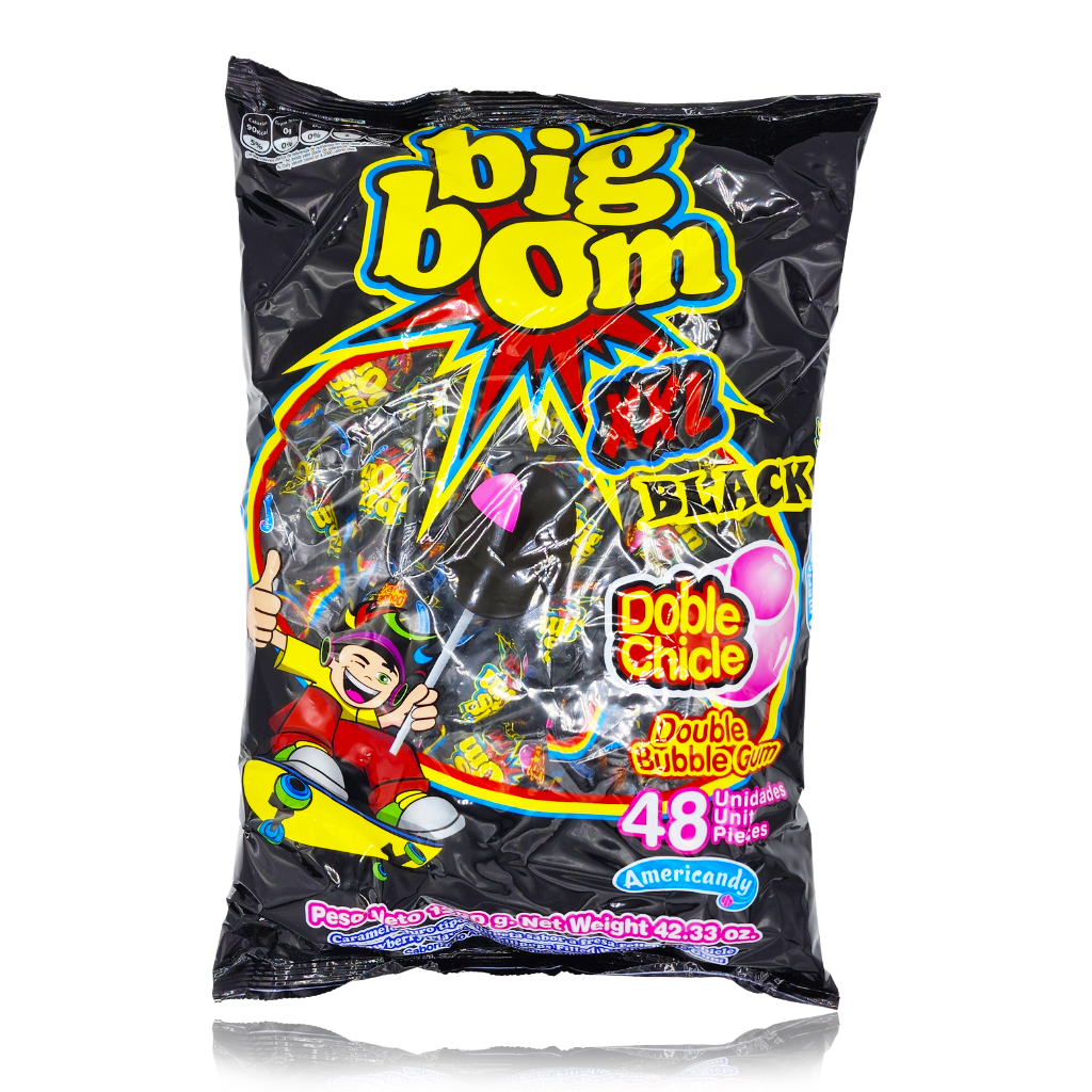 Big Bom XXL Black Double Bubble Gum Lollipops 48 Piece 1.2kg